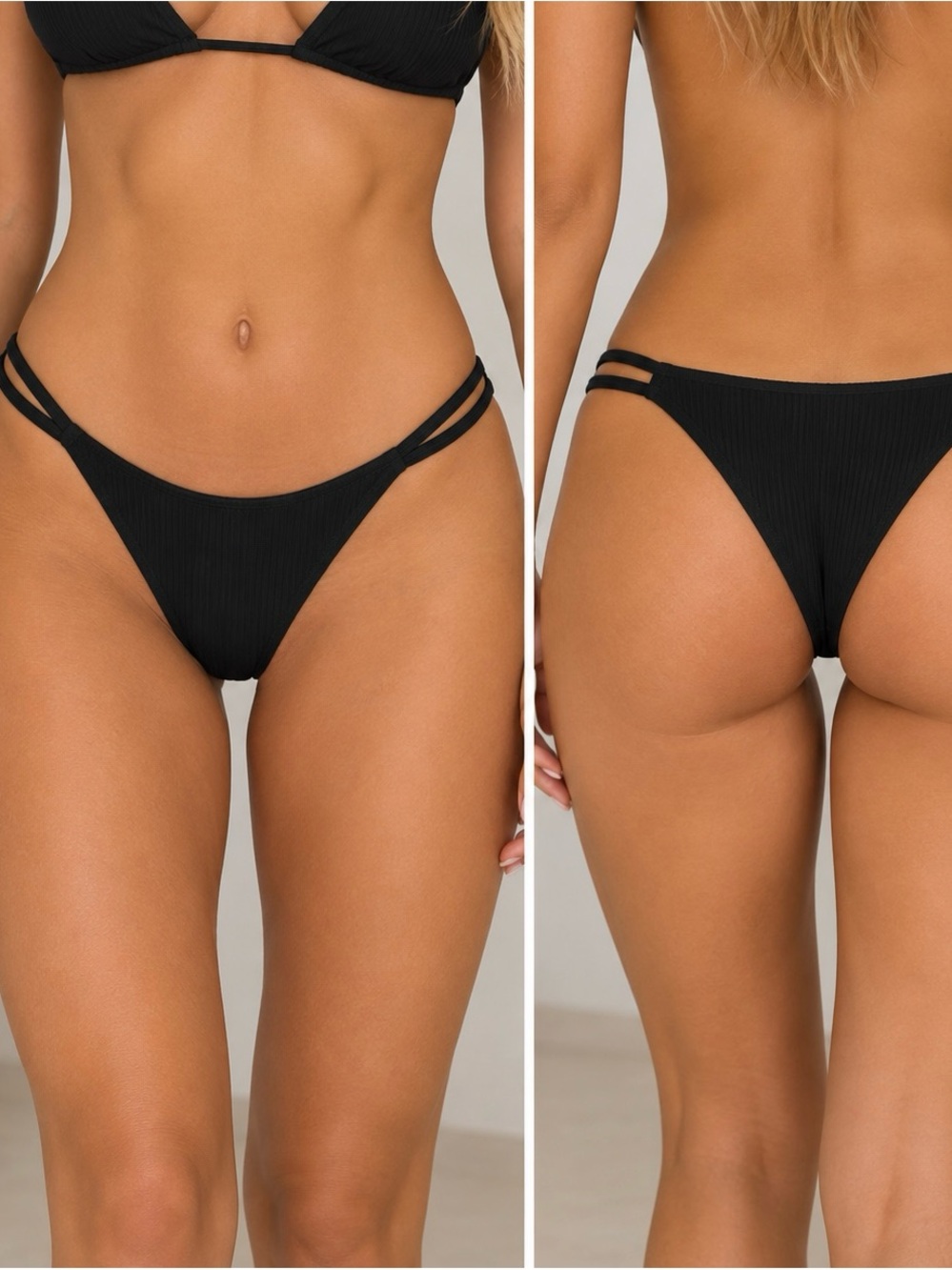 Ribbed Double-Strap Black Bikini Bottom - Women Swim